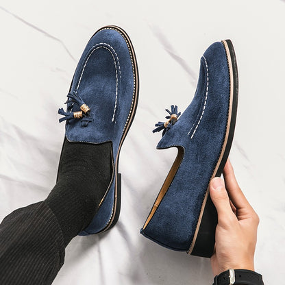 New Fashion Tassel Leather Men Shoes Slip On Loafers Round Toe Patchwork Suede Dress Shoes Man Daily Wedding Party Shoes for Man