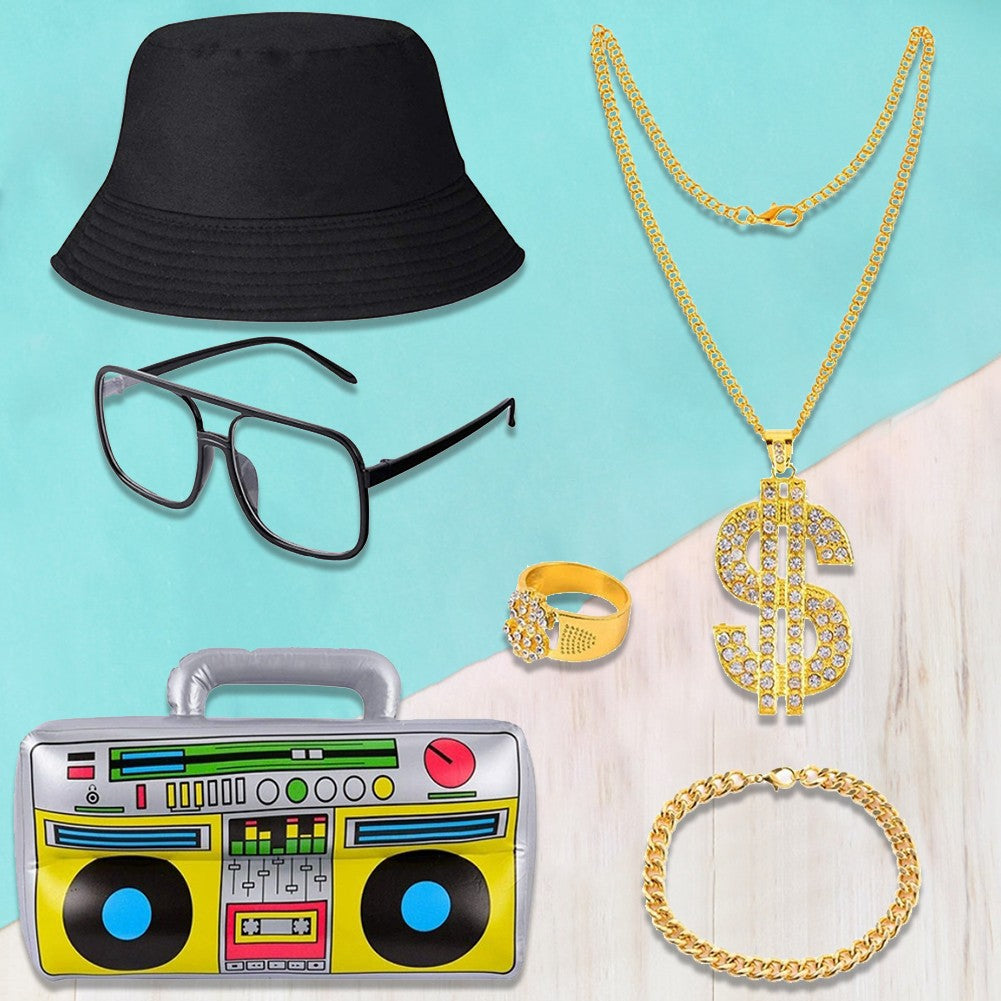 80s 90s Costume Outfit Set Big Gold Chain 80s/90s Rapper Accessories Glasses Bracelet Hip Hop Fancy Dress Costumes for Men Women