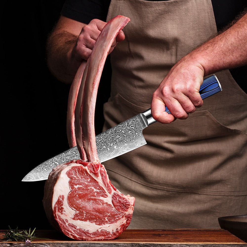 Conjunto de Facas de Cozinha 1-7 Peças, Aço Damasco Ultra Afiado para Chefe, Pão, Santoku, Desossar, Utilitárias, Lâmina com Padrão de Rosa Cabo G10 Azul