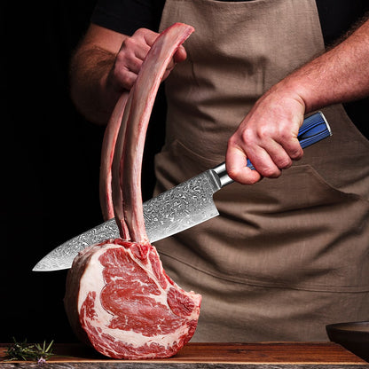 Conjunto de Facas de Cozinha 1-7 Peças, Aço Damasco Ultra Afiado para Chefe, Pão, Santoku, Desossar, Utilitárias, Lâmina com Padrão de Rosa Cabo G10 Azul