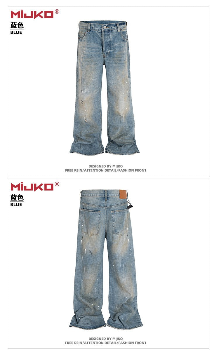 MIJKO Tie Dye Splatter Paint Denim Jeans Men's Loose Wide Leg Jeans American TJ131