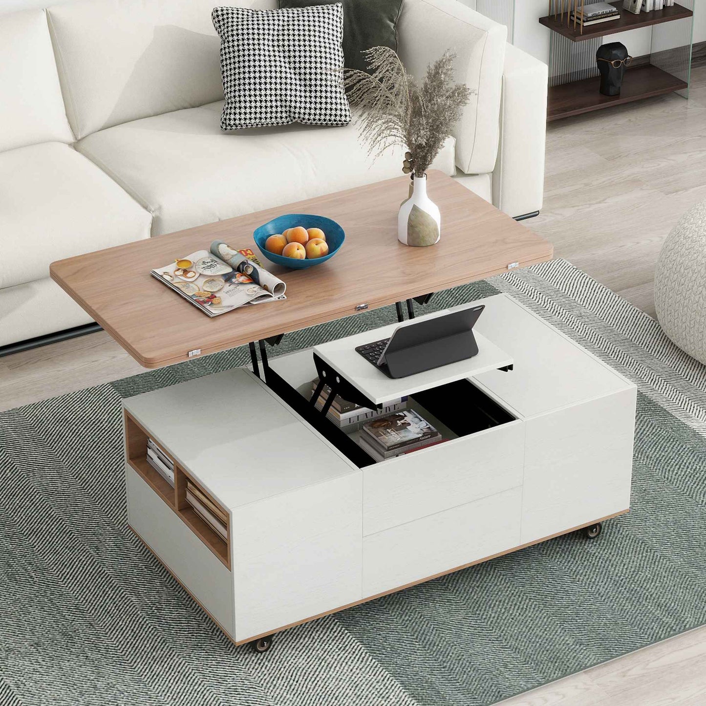 Modern Walnut & White Lift-Top Coffee Table, Multi-Functional with Drawers & Shelves