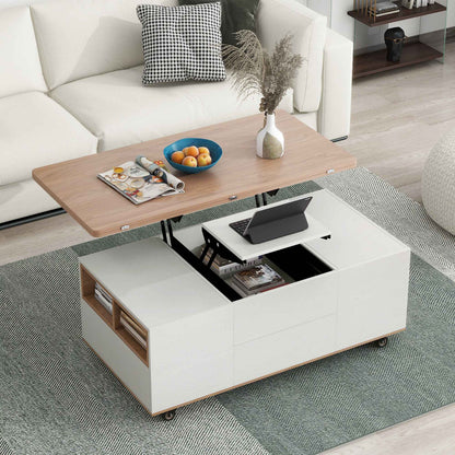 Modern Walnut & White Lift-Top Coffee Table, Multi-Functional with Drawers & Shelves