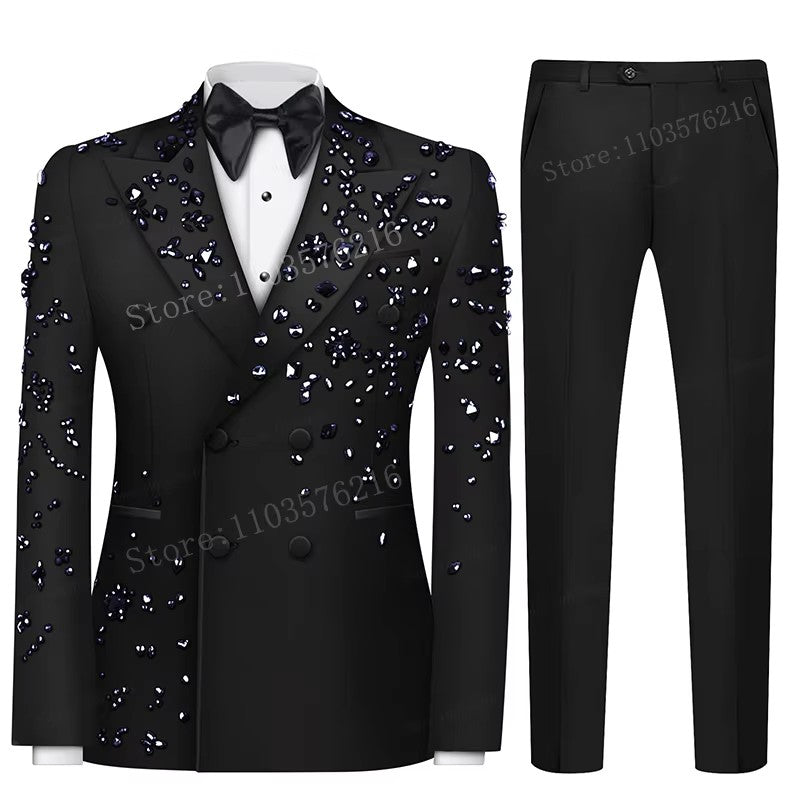 B02 Luxury 2 Pieces Set Men's Suits  Beaded Crystals Notched Lapel Groom Wedding  Formal Party Prom Tuxedo Wedding Groom