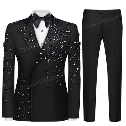 B02 Luxury 2 Pieces Set Men's Suits  Beaded Crystals Notched Lapel Groom Wedding  Formal Party Prom Tuxedo Wedding Groom
