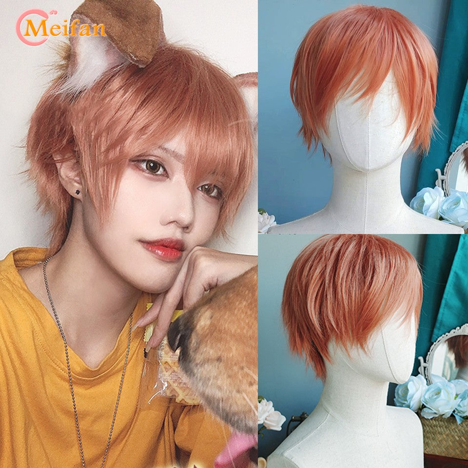 Peruca MEIFAN Sintética Curta para Cosplay Lolita Anime Masculina Cabelo Liso Masculino Fibra de Alta Temperatura Rosa Azul Louro Ombré Preto Peruca