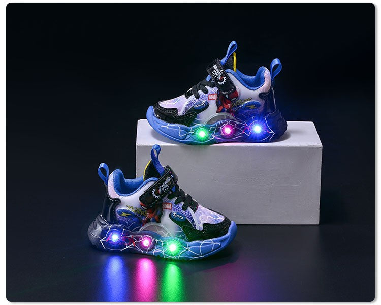 Boys Spiderman Sneakers Disney LED Children's Sport Shoes Fashion Anti-slip Kids Outdoor Shoes Student Design Pu Leather Shoes