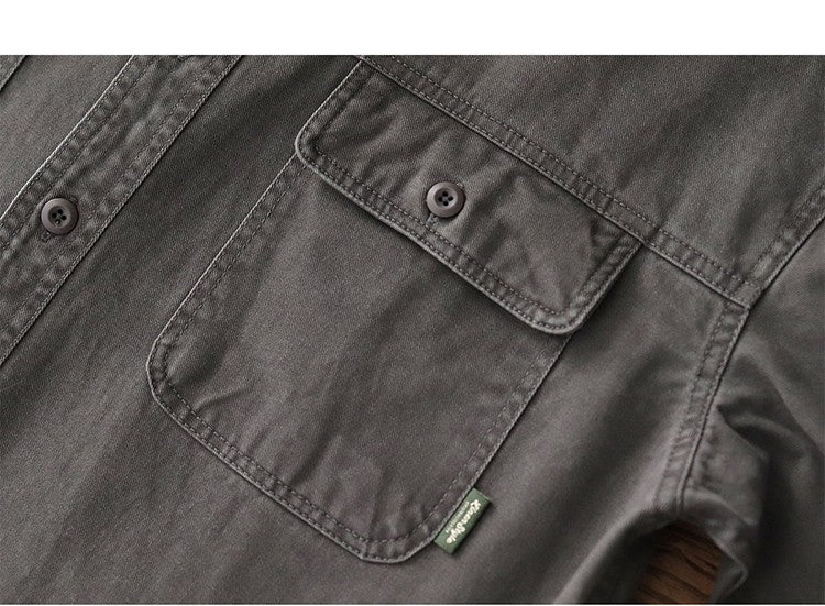 2025 Spring New American Retro Heavyweight Woven Cargo Shirt Men's Simple 100% Cotton Washed Double Pocket Blousers Loose Caot