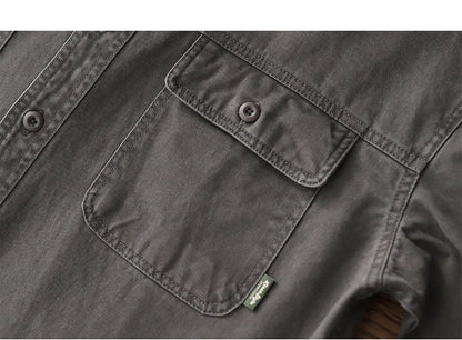 2025 Spring New American Retro Heavyweight Woven Cargo Shirt Men's Simple 100% Cotton Washed Double Pocket Blousers Loose Caot