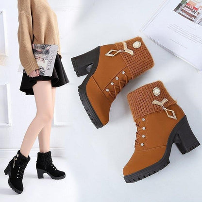 Women's Designer High Heels Shoes 2023 Winter New Warm Non-slip Block Cow Suede Warm Snow Boots Fashion Crystal Plush Goth Botas