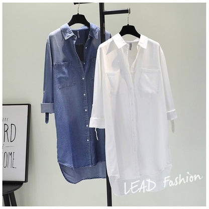 Fashion Women's Clothing Shirt Medium Long Containing Cotton Shirt Loose Fit Long Sleeve Double Pocket Rolled Sleeve Thin Blouse
