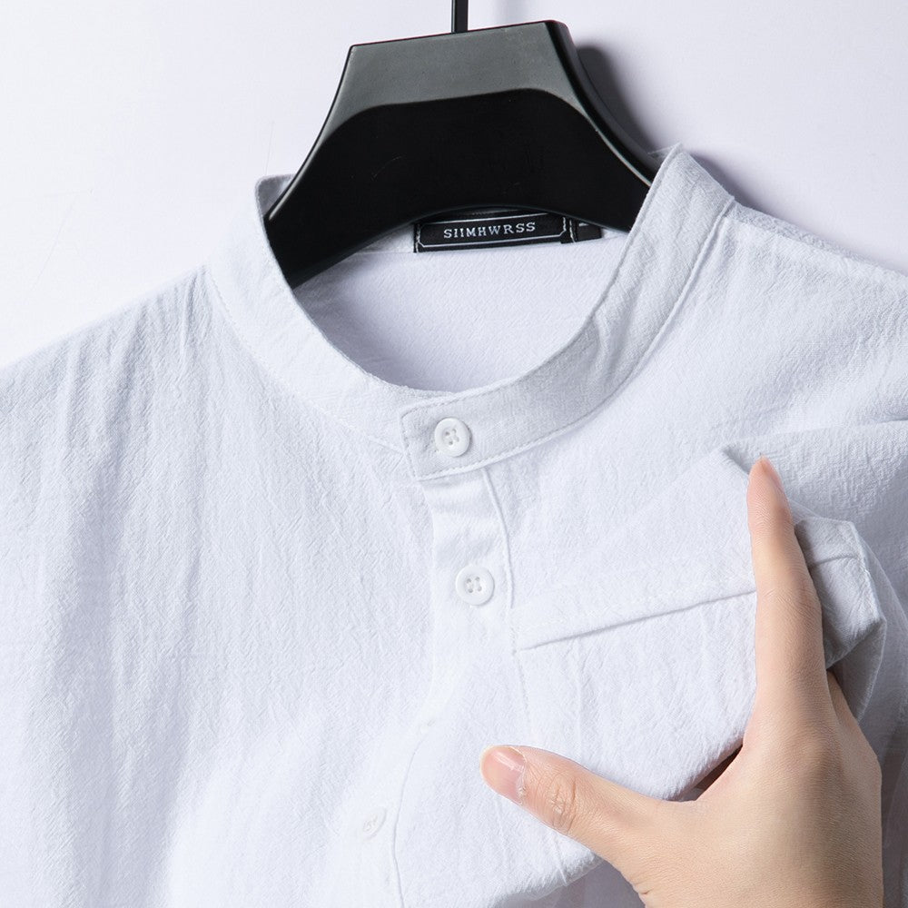 Summer Men's Stand Up Collar T Shirts Solid Color Short Sleeve Linen Shirt Trendy Breathable Loose Lightweight Basic Pocket Top