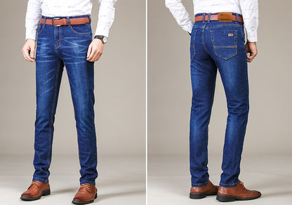 Autumn Classic Men's Fitted Stretch Jeans Business Casual Cotton Denim Straight Leg Pants Male Black Blue Trousers
