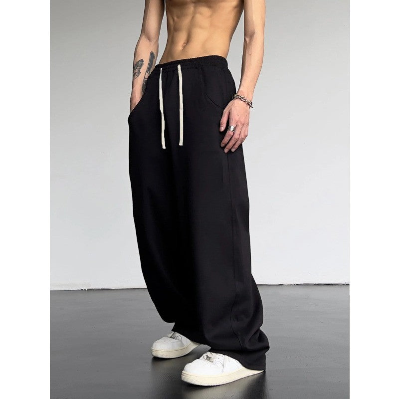 Men's solid color drawstring waist slanted pocket sports pants, pure cotton casual loose pants  sweatpants men pants