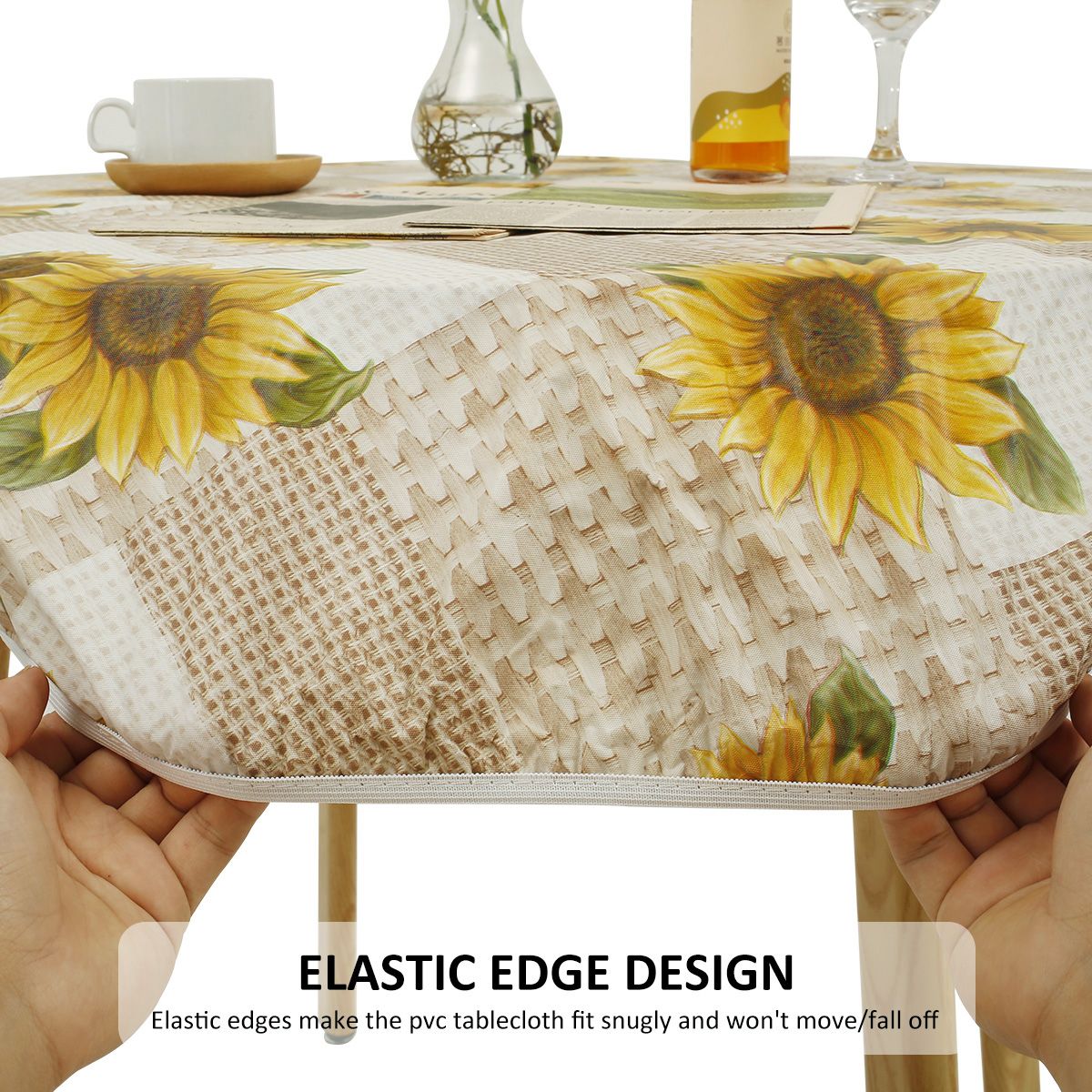 Waterproof Round Tablecloth Elastic Fixation Edged PVC Table Cover Flannel Backed Table Pad Oil-Proof for Dining Table Kitchen