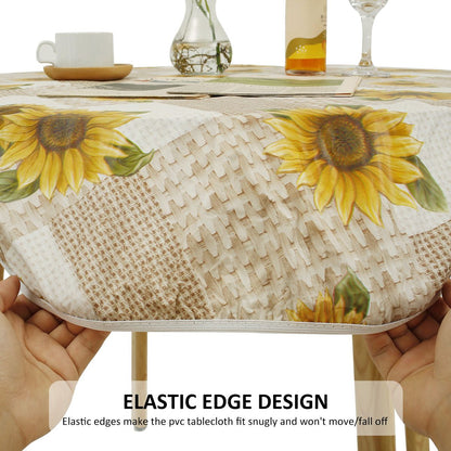 Waterproof Round Tablecloth Elastic Fixation Edged PVC Table Cover Flannel Backed Table Pad Oil-Proof for Dining Table Kitchen