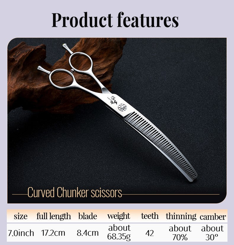 Fenice Tesoura para Tosar Pet Chunker Curva/Reta de 7.0 Polegadas com Dentes 3D Sem Marca de Aço VG10, Parafusos de Rolamento