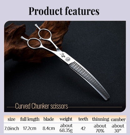 Fenice Tesoura para Tosar Pet Chunker Curva/Reta de 7.0 Polegadas com Dentes 3D Sem Marca de Aço VG10, Parafusos de Rolamento