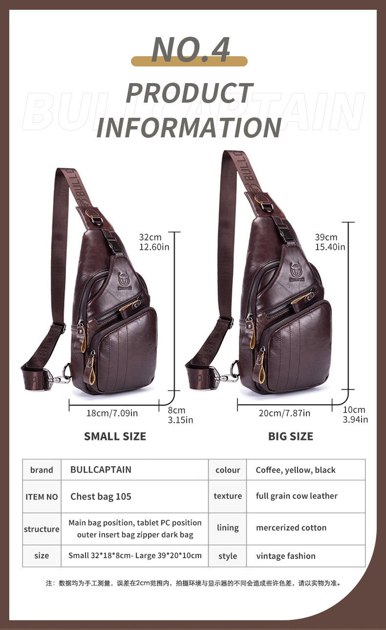 BULLCAPTAIN Bag Genuine Leather Chest Bag Men's Fashion Style Casual Straddle Bag Business Large Capacity Leather Men's Luggage