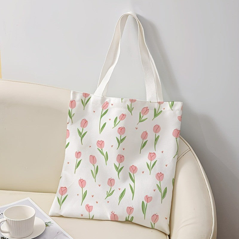 Floral Letter Pattern Printed Tote Bag Fashionable Reusable Shoulder Bag Polyester Handbag Lightweight Casual Shopper Bag