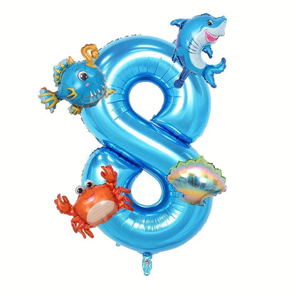 5Pcs Mini Blue Ocean Balloon Set Blue Number Balloon Set Ocean Animals Shark Crab Themed Birthday Party Decorations Gifts