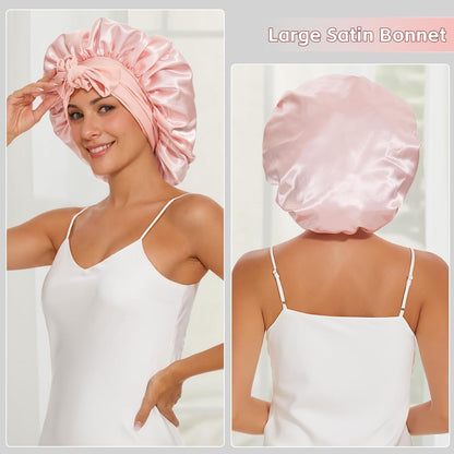 2 Toucas de Cetim Com Faixa (Rosa+Preta), Touca de Dormir Feminina, Toucas Noturnas Macias Para Cabelo, Toucas de Cabelo Multiuso