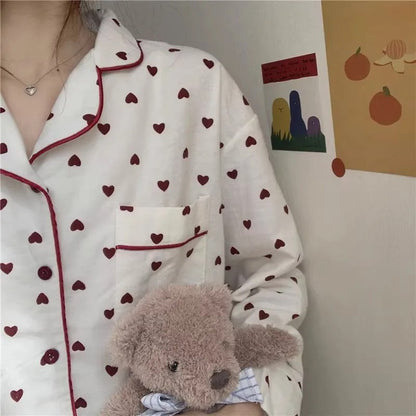 M-XXL Large Size Nightwear Women Sleepwear Autumn and Winter Cardigan Home Wear Peach Heart Long Sleeves School Silk Pajamas