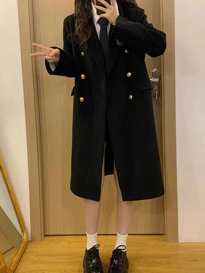 Jk Uniform Wool Coat Women Fashion Japanese Preppy Elegant Badge Black Midi Outwear Autumn Winter Sweet Long Sleeve Quilted Tops