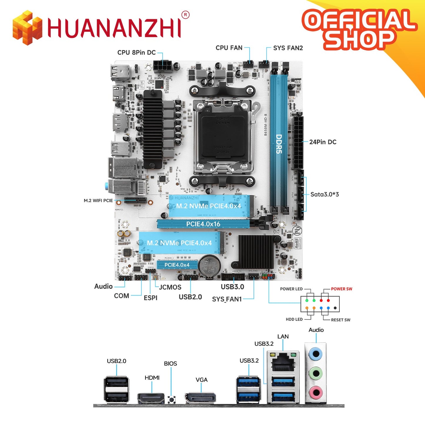 Placa-mãe AMD B650M-HD-B M-ATX, Suporta CPU AMD Ryzen Série 7000/9000, Soquete AM5, 2DDR5, 3M.2 NVMe, PCIE4.0