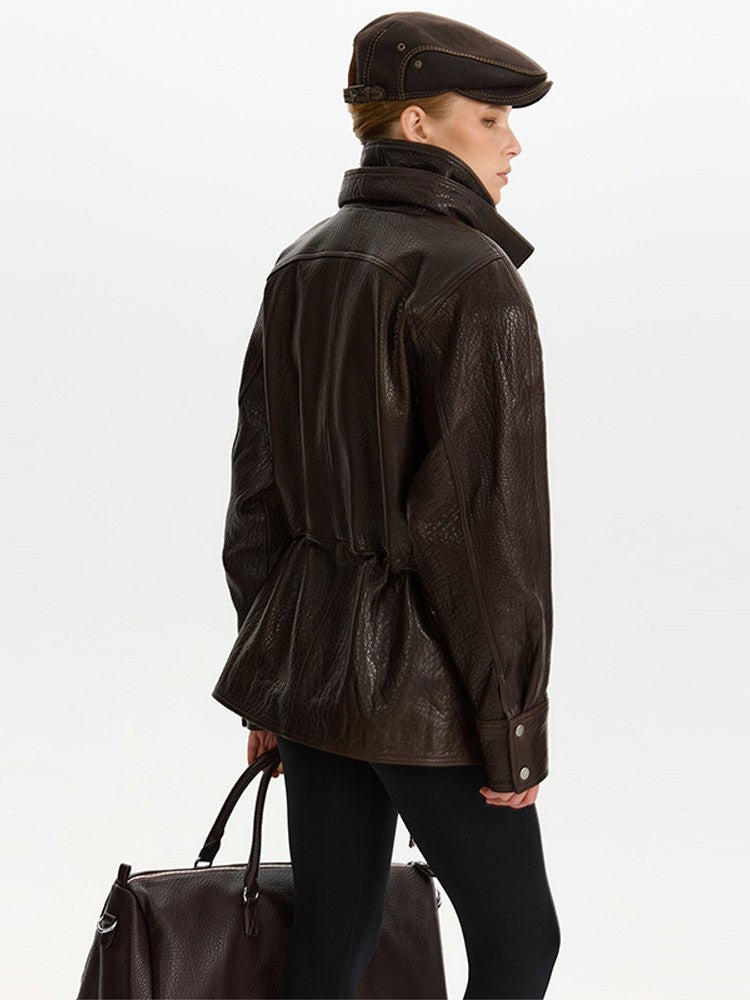 Autumn Fashion Standing Collar Women's Leather Jackets Windproof Loose Fold Coats Locomotive Style High Street Outdoors Clothes