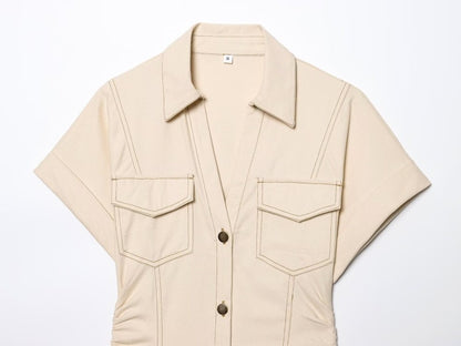 ETJ 2025 summer new TRAF women's elegant fashion waist pleated V-neck short-slee