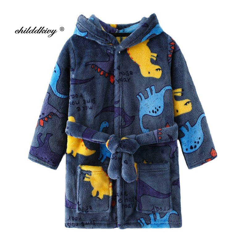 Boy and Girls Flannel Pajamas Robe Autumn and Winter Children Sleepwear Soft Hooded Kids Homewear 2-8 Years