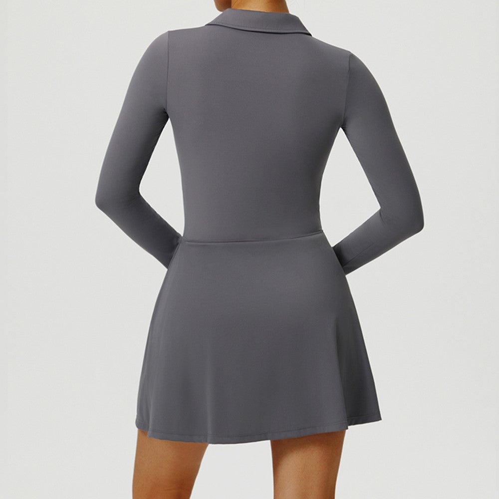 Yoga Long Sleeved Dress Women's Long Sleeved Zipper Skirt Breathable Gym Outdoor Running Yoga Tennis Skirt Quick-Dry Tracksuits.