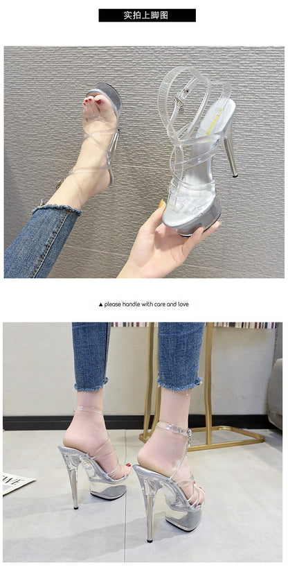 New 2024 Summer Fashion Sandals Sexy Open Toe 15CM High Heels Party Dress Wedding Nightclub Women Shoes Platform Stripper Heels