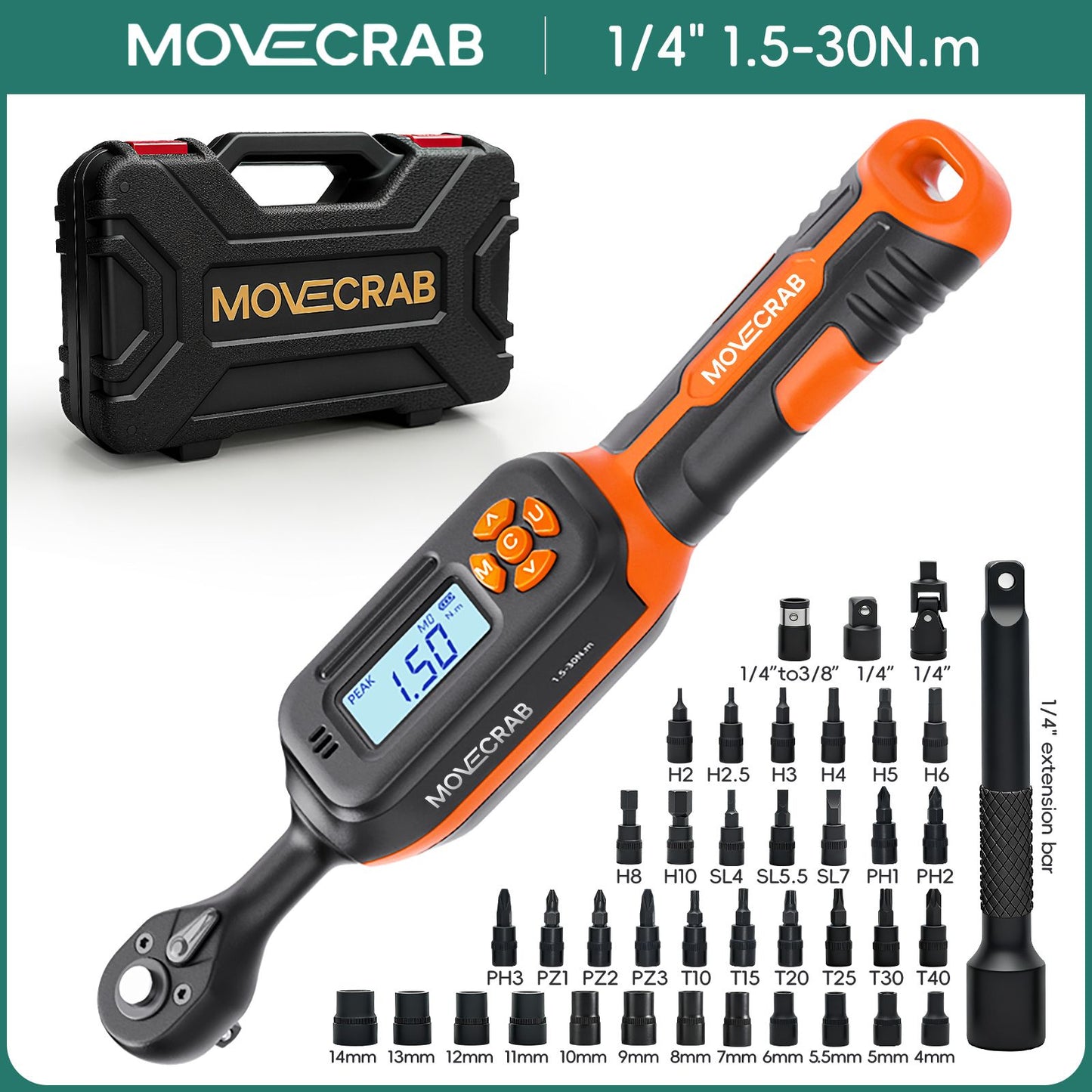 Chave de Torque Digital MOVECRAB 1.5-340 N.m com Valores Predefinidos, Precisão de 2%, Buzzer e Notificação por Flash LED