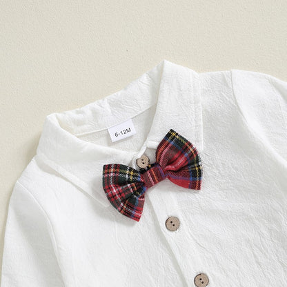 Baby Boy Gentleman Outfits Long Sleeve Lapel Romper + Plaid Suspender Pants + Bow Tie 3Pcs Sets Newborn Toddler Christmas Formal