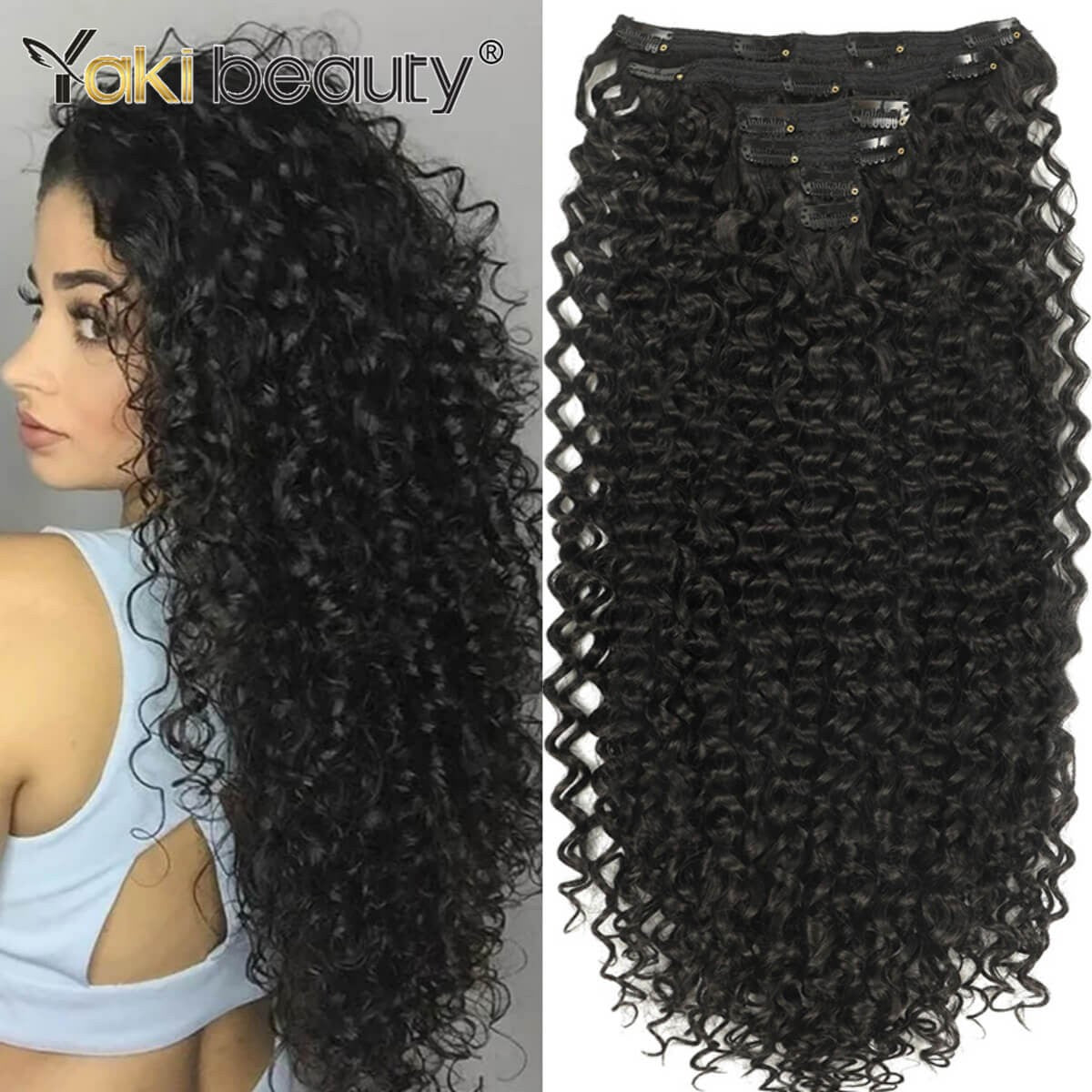 Apliques de Cabelo Cacheado 26'' Trama Dupla 6 Peças/Conjunto Clip-In Cabeça Completa Orgânico Seda Gelo Preto/Marrom 160g