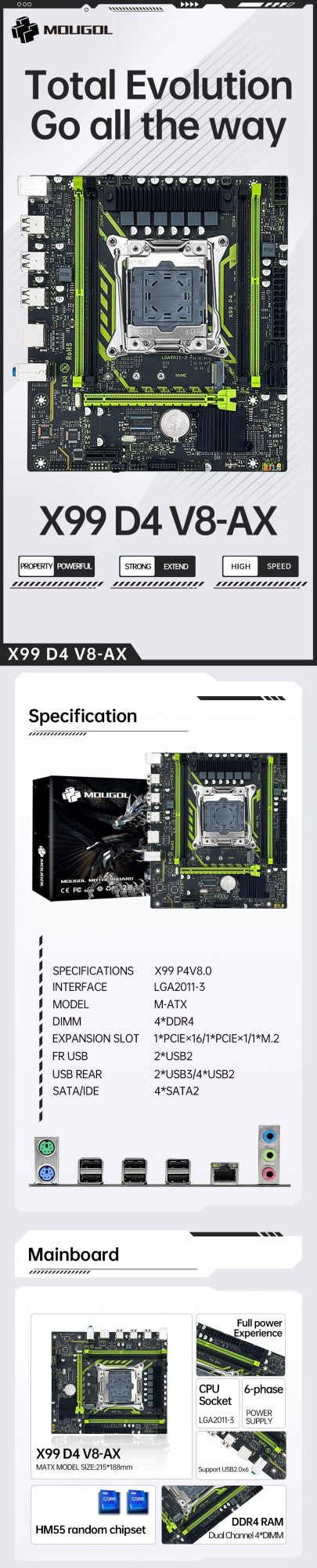 MOUGOL X99 Gaming Motherboard Set with Intel Xeon E5 2650 V4 & DDR4 16G*1 2133MHz Dual Channel RAM M.2 NVME for Desktop Host