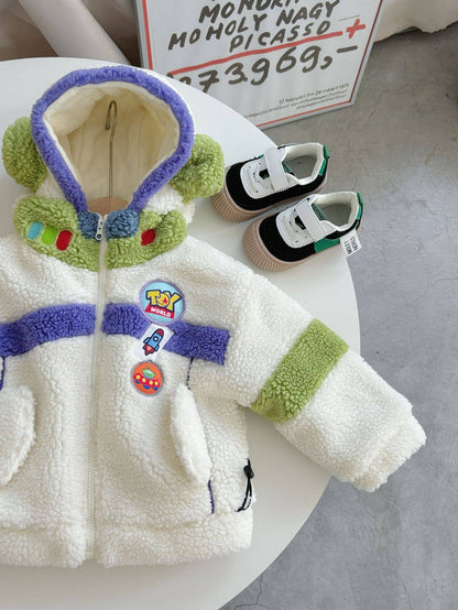 Casaco Infantil de Inverno Disney Buzz Lightyear 90-130cm Novo Bebê Menino Menina Desenho Animado Forro Polar Textura Engrossada Bloco de Cores Casaco com Capuz