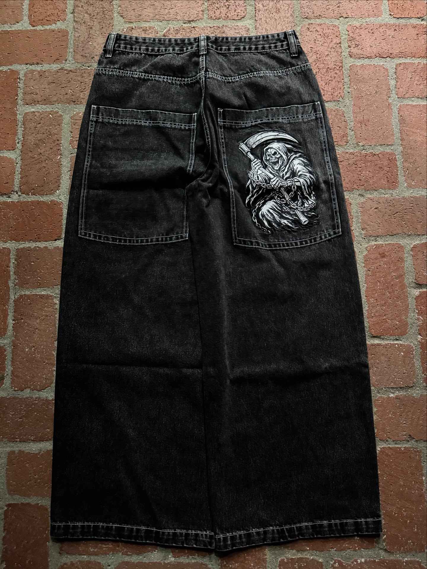 NOVOJeans Estampado Cartum Gótico Retrô Ceifador Vintage Masculino e Feminino Calça de Cintura Baixa Perna Larga Hip Hop Roupa