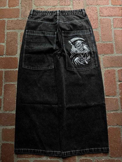 NOVOJeans Estampado Cartum Gótico Retrô Ceifador Vintage Masculino e Feminino Calça de Cintura Baixa Perna Larga Hip Hop Roupa