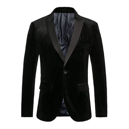Spring Velvet Men Solid Color Temperament Suit Jacket Turndown Collar Long Sleeve Slim Fit Single Button Velvet Suit Coat