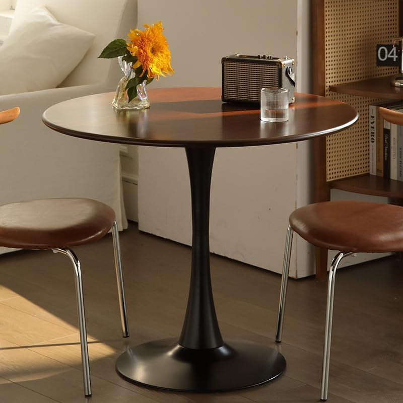 23.6-Inch Walnut Round Tulip Table With Steel Pedestal Base For 2-4 People Modern Minimalist Small Round Dining Kitchen Table