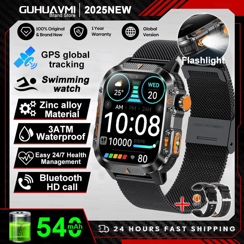 2026 Novas pulseiras inteligentes militares de GPS para ambientes externos, bússola masculina, frequência cardíaca, chamada BT, lanterna LED, Smartwatch à prova d'água 10ATM para natação