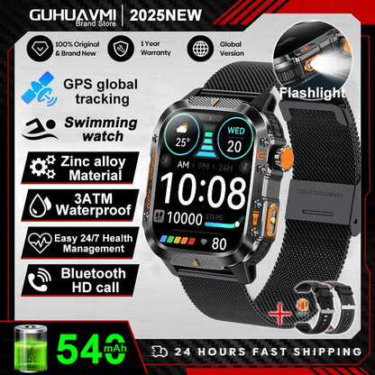 2026 Novas pulseiras inteligentes militares de GPS para ambientes externos, bússola masculina, frequência cardíaca, chamada BT, lanterna LED, Smartwatch à prova d'água 10ATM para natação