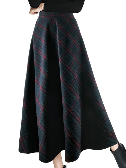 Fairyshely Casual Plaid Print Woolen Long Skirt Women 2025 Summer Ruffle High Waist Midi Skirt Lady Elegant A line Pleated Skirt