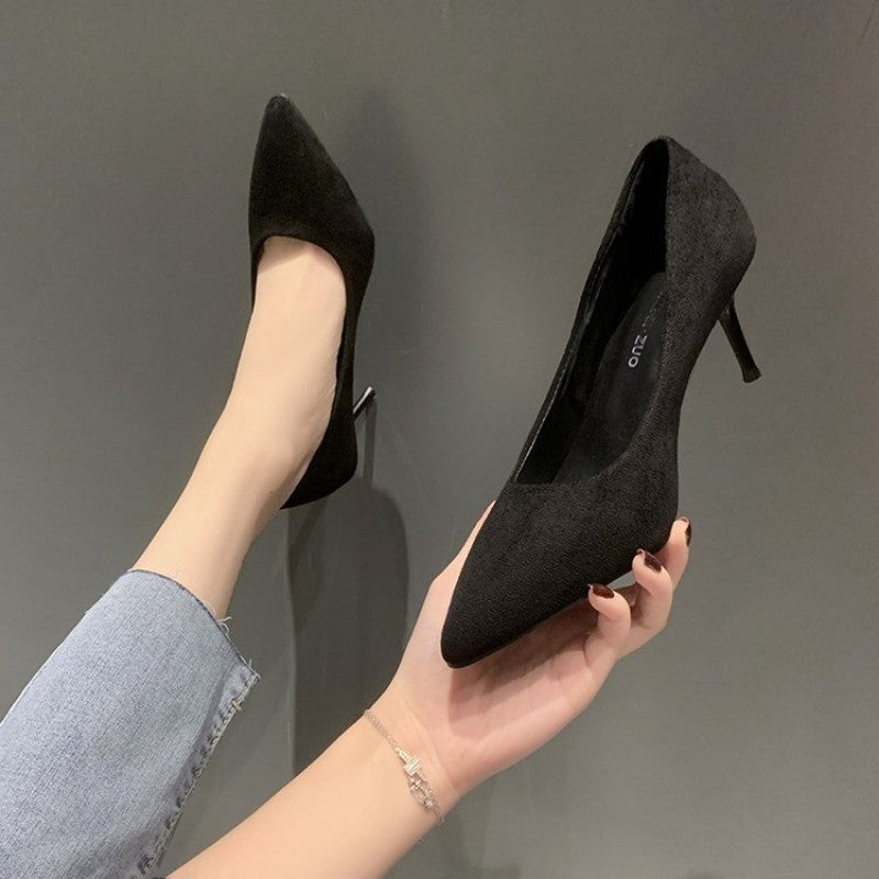 High Heels Women's New Women's Shoes Pointed Shallow Mouth Single Shoes Fine Heel Suede Black Fashion Shoes Women Large Size