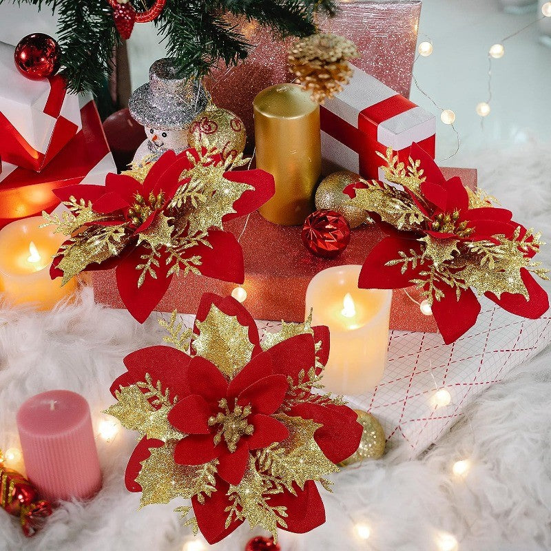 10PCS Glitter Artificial Christmas Flowers for Xmas Tree Ornament Fake Flower Floral with Clips New Year Party Home Decoration