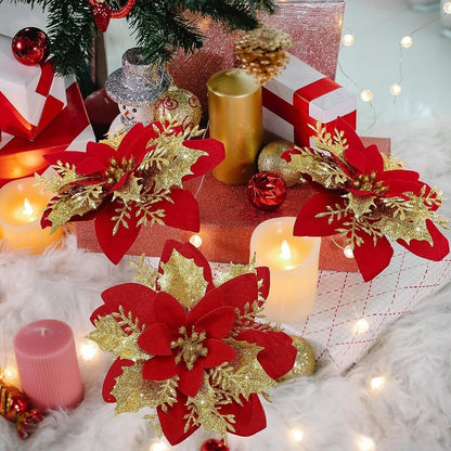10PCS Glitter Artificial Christmas Flowers for Xmas Tree Ornament Fake Flower Floral with Clips New Year Party Home Decoration