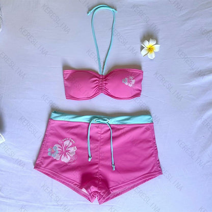 Y2k subculture retro millennium girls style hanging neck suspender bikini set summer beach kawaii classic comfortable bikini set